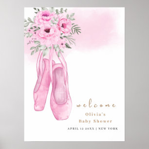 Affiche Baby shower d'accueil rose Elegant Floral Ballerin