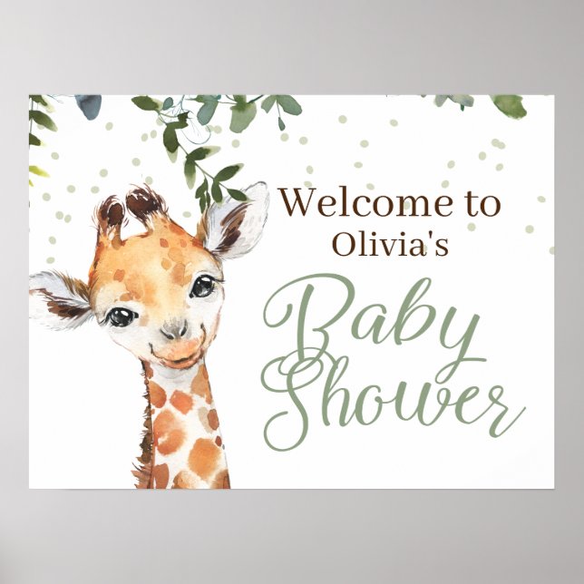 Affiche Baby shower d'accueil Safari Giraffe Sage Green (Devant)