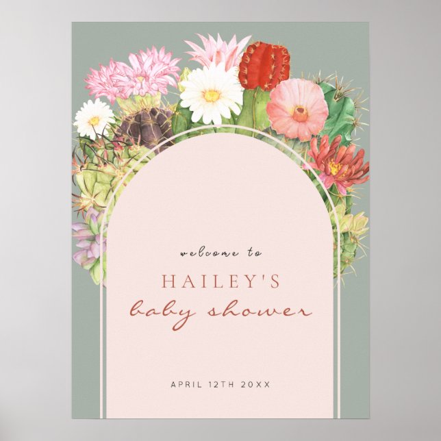 Affiche Baby shower d'accueil Sage Green Boho Cactus (Devant)