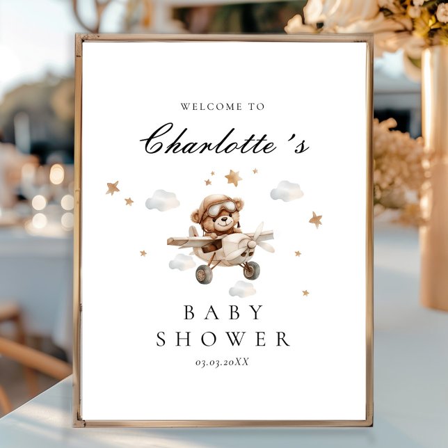 Affiche Baby shower d'accueil Teddy Bear & Airplane (Teddy Bear & Airplane Welcome Baby Shower Poster)