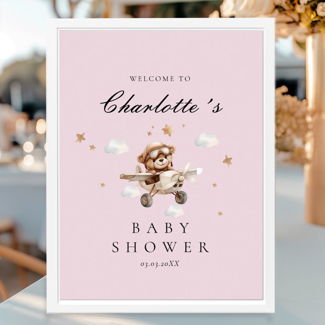 Affiche Baby shower d'accueil Teddy Bear & Airplane (Personalized Teddy Bear & Airplane Welcome Baby Shower Poster)