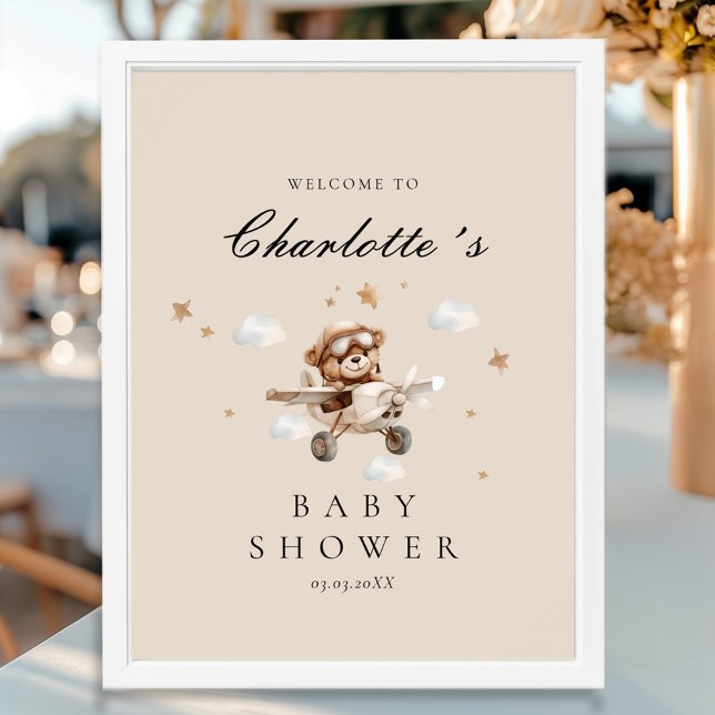 Affiche Baby shower d'accueil Teddy Bear & Airplane (Personalized Teddy Bear & Airplane Welcome Baby Shower Poster)