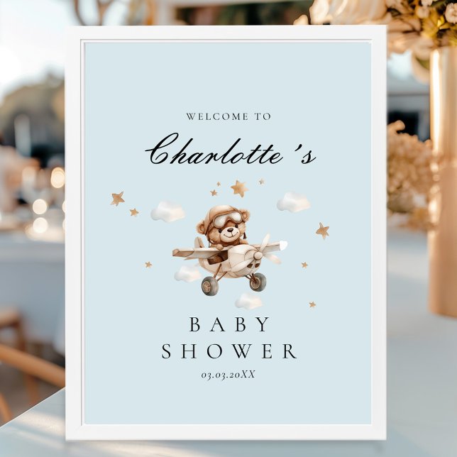 Affiche Baby shower d'accueil Teddy Bear & Airplane (Personalized Teddy Bear & Airplane Welcome Baby Shower Poster)