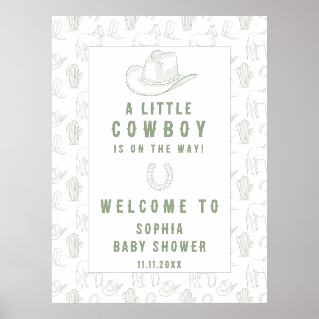 Affiche Baby shower d'accueil Toile Green Cowboy (Devant)