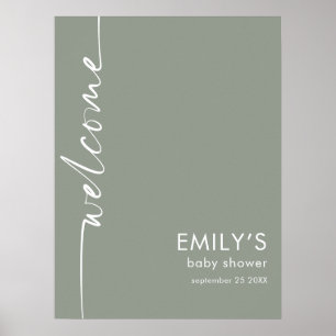Affiche Baby shower d'accueil vert Sage de script pivoté