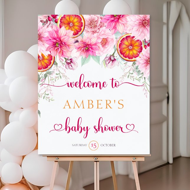 Affiche Baby shower d'Affiche de bienvenue agrumes et fleu (Citrus and Pink Watercolor Flowers Baby Shower Welcome Sign)