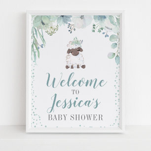 Affiche Baby shower d'agneau floral verdoyant