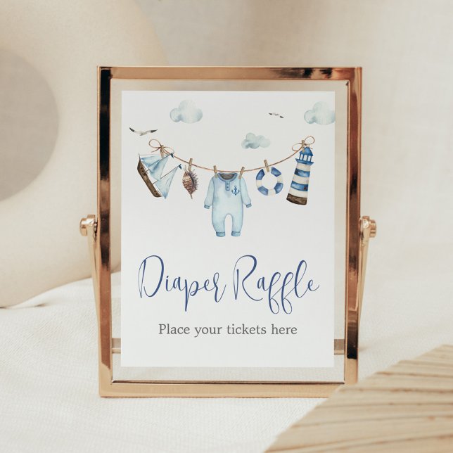 Affiche Baby shower d'ahoy nautique (Nautical Sailor Ahoy Baby Shower Diaper Raffle Sign)
