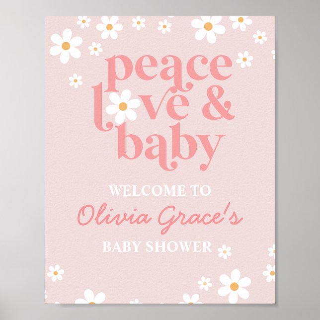 Affiche Baby shower d'amour de paix Daisy Pink Retro (Devant)