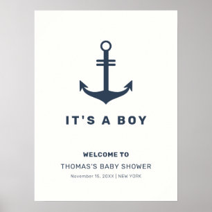 Affiche Baby shower d'Ancres nautiques bleu marine Bienven