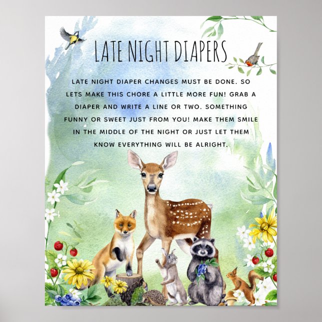 Affiche Baby shower d'animaux de bois 'couche nocturne' (Devant)