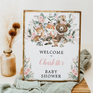 Affiche Baby shower d'animaux de bois Rose roux Bienvenue