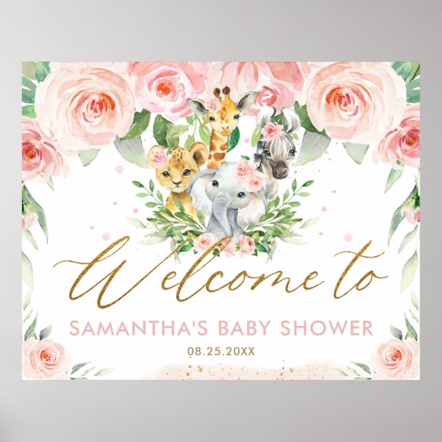 Affiche Baby shower d'animaux de la Jungle rose Floral (Devant)