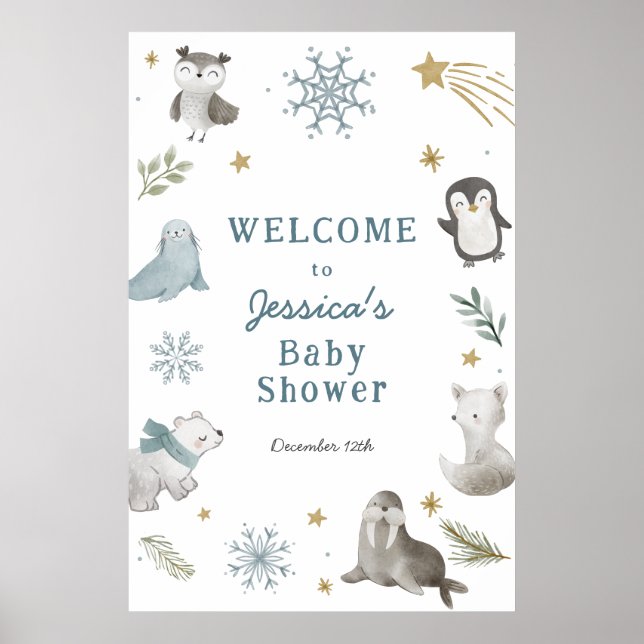Affiche Baby shower d'animaux de l'Arctique hivernal (Devant)