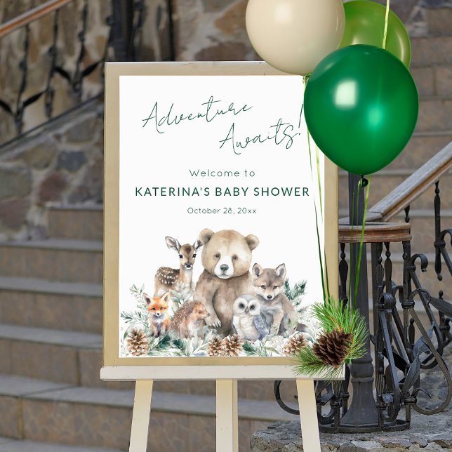 Affiche Baby shower d'animaux rustiques en bois (This woodland animal baby shower welcome sign features  winter greenery and a modern script.)