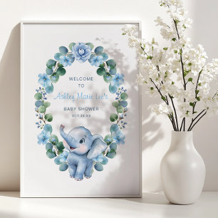 Affiche Baby shower d'aquarelle bleu Floral Baby Elephant