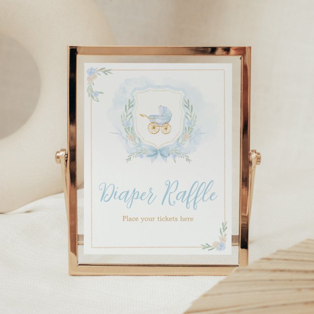 Affiche Baby shower d'aquarelle bleu Raffin de couche de  (Blue Gold Carriage Crest Baby Shower Diaper Raffle Sign)