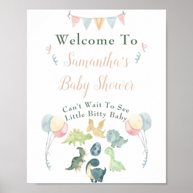 Affiche Baby shower d'aquarelle Cute Dinosaur Bienvenue (Devant)