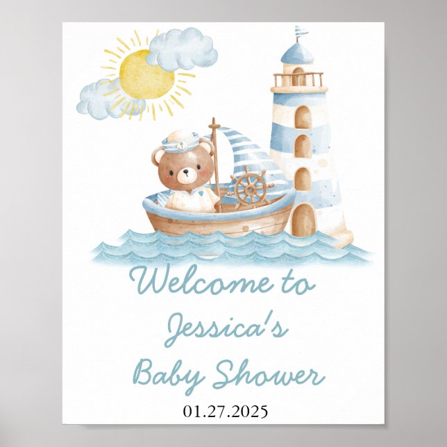 Affiche Baby shower d'aquarelle de l'ours nautique Bienven (Devant)