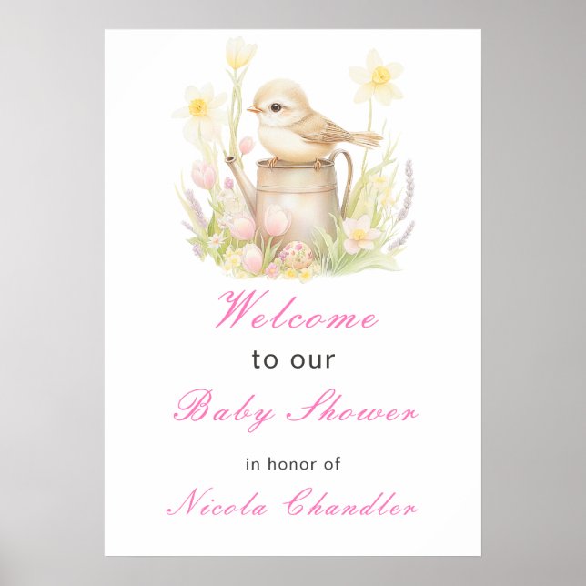 Affiche Baby shower d'arrosage des oiseaux de printemps (Devant)