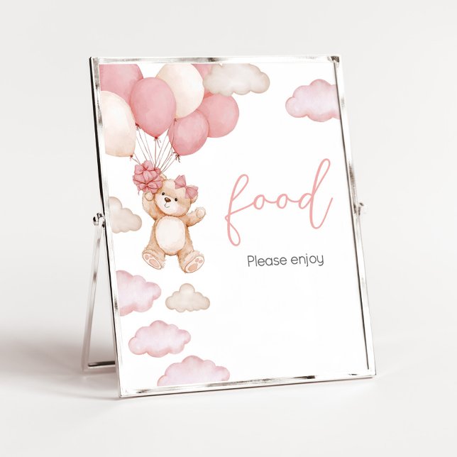 Affiche Baby shower d'attente de l'ours rose  d'attente (Pink Baby Bear Balloon Baby Shower Food Sign)