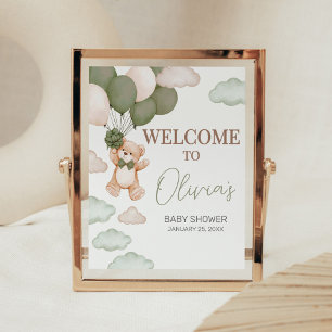 Affiche Baby shower d'attente de l'ours vert Bienvenue