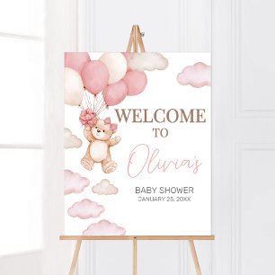 Affiche Baby shower d'attente d'ours rose Bienvenue