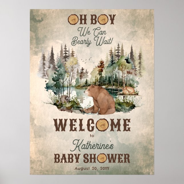 Affiche Baby shower d'attente rapide de la forêt rustique (Devant)