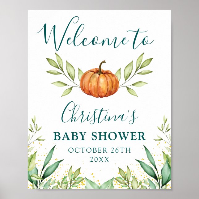 Affiche Baby shower d'automne Citrouille de verdure Affich (Devant)