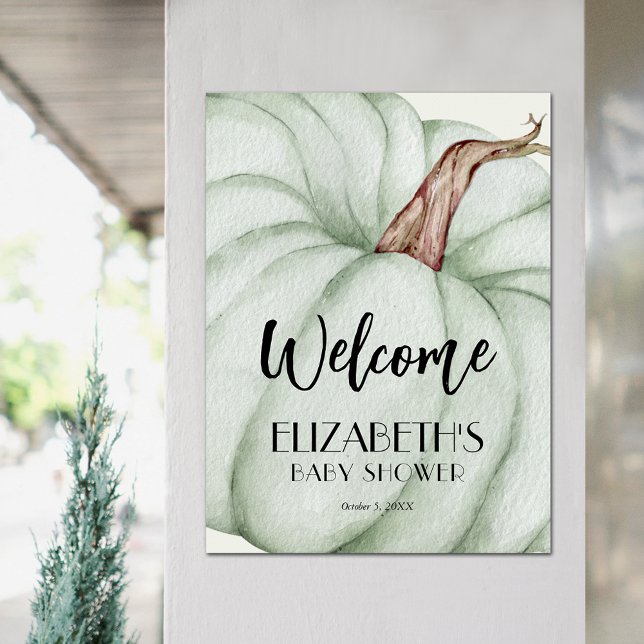 Affiche Baby shower d'automne Citrouille vert Bienvenue (Green Pumpkin Fall Baby Shower Welcome Sign Poster)