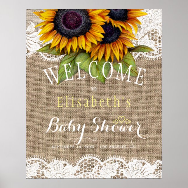 Affiche Baby shower d'automne des tournesols et dentelles (Devant)
