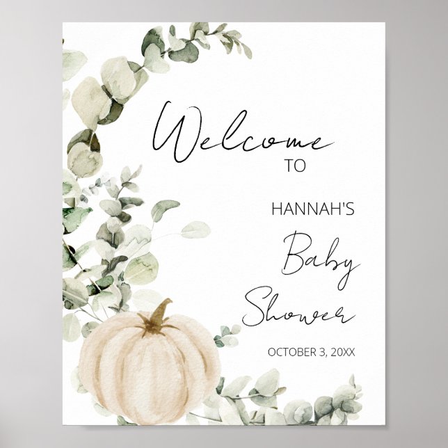 Affiche Baby shower d'automne Eucalyptus Citrouille blanc  (Devant)