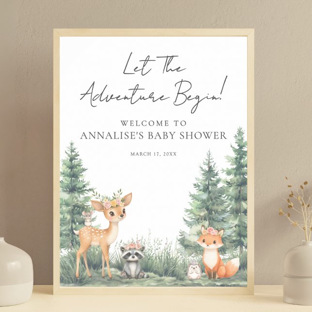 Affiche Baby shower d'aventure des animaux forestiers de b (Woodland Forest Animals Adventure Baby Shower Poster)