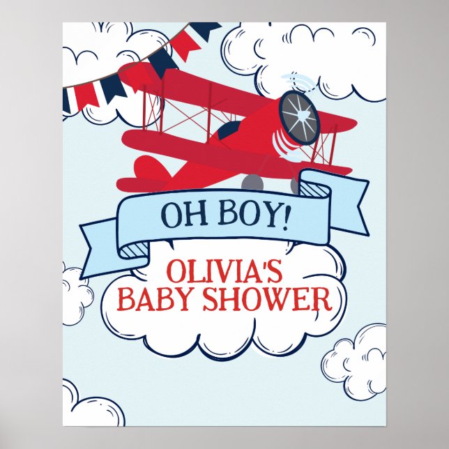 Affiche baby shower d'avion rouge (Devant)