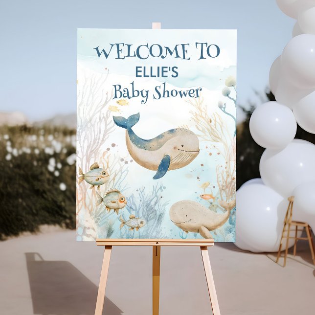 Affiche Baby shower de baleines d'aquarelle sous la mer Bi (Welcome poster from the Whale Baby Shower Collection by Darling & May)