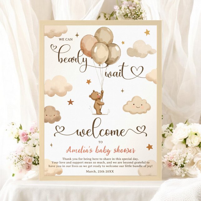 Affiche Baby shower de ballon à oreille en peluche neutre  (Bearly Wait Neutral Teddy Bear Balloon Baby Shower Poster)