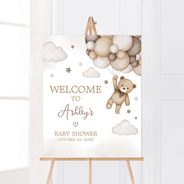Affiche Baby shower de ballon à ours Brown Bienvenue (Brown Boho Bear Baby Shower  Welcome Sign)