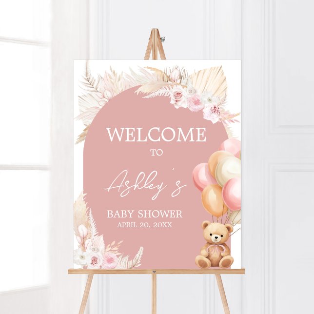 Affiche Baby shower de ballon Boho rose Bienvenue (We Can Bearly Wait Baby Shower Welcome Sign)