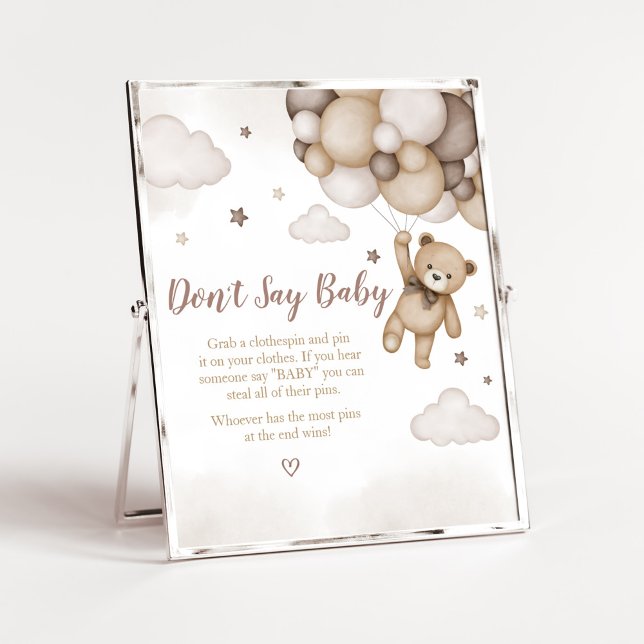 Affiche Baby shower de ballon d'ours Brown ne pas dire béb (Brown Boho Bear Baby Shower  Don't Say Baby Sign)