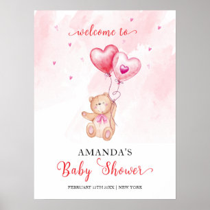 Affiche Baby shower de ballon rose Coeur Teddy Bear Bienve
