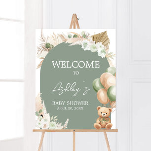 Affiche Baby shower de ballon vert Boho Bear Bienvenue