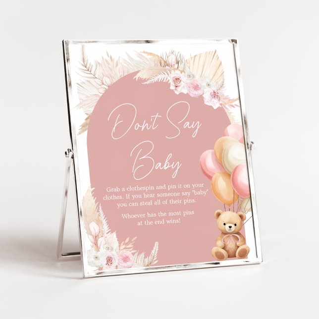 Affiche Baby shower de balloon d'ours de saumons roses Ne  (We Can Bearly Wait Baby Shower Don't Say Baby Sign)