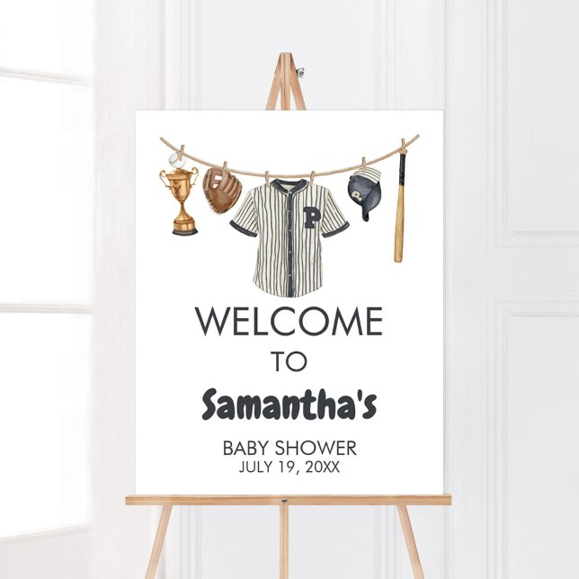Affiche Baby shower de baseball Little Slugger Bienvenue (Baseball Little Slugger Clothesline Baby Shower Welcome Sign)