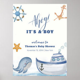 Affiche Baby shower de bateau à voile de baleine moderne B