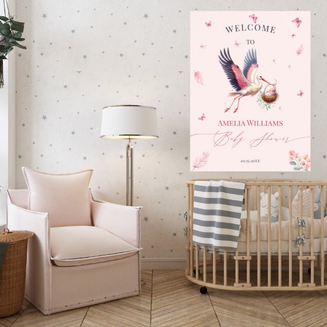 Affiche Baby shower de bienvenue aux papillons de cigogne  (Créateur téléchargé)
