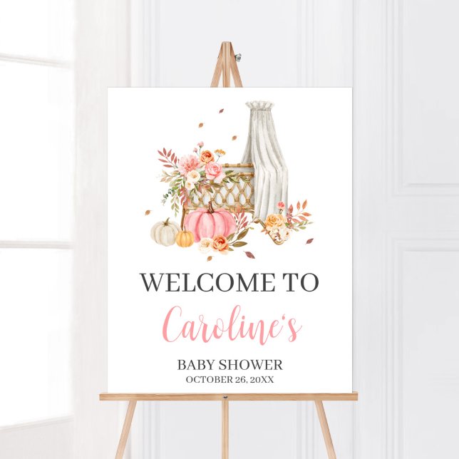 Affiche Baby shower De Bienvenue Citrouille Rose Fall In L (Fall Autumn Pumpkin Baby Shower Welcome Sign)