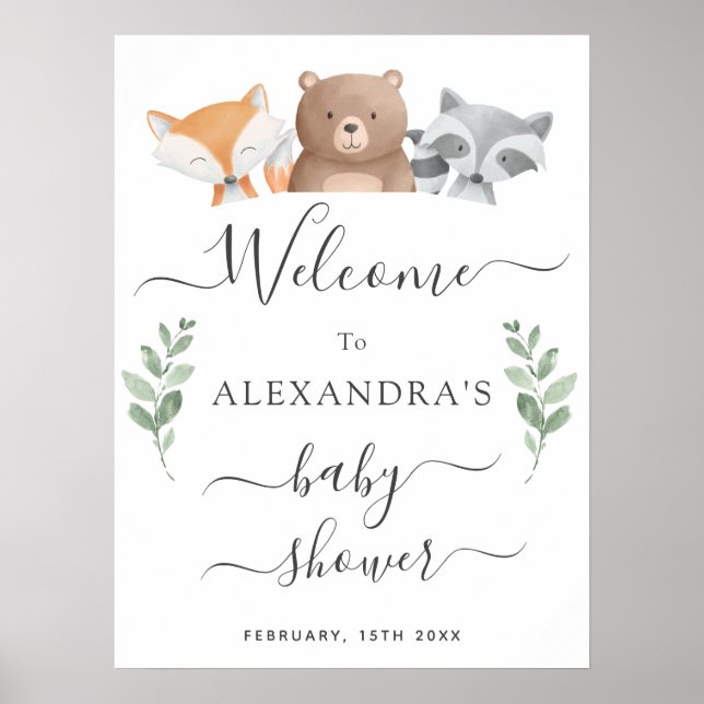 Affiche Baby shower de bienvenue de mignons animaux en boi (Devant)