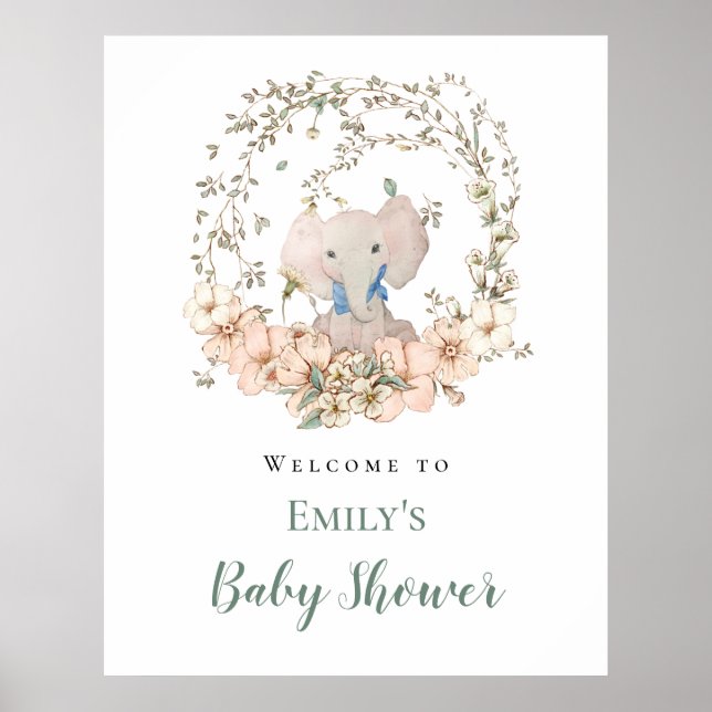 Affiche Baby shower de bienvenue pour garçon Elephant Leaf (Devant)