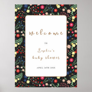Affiche Baby shower de cadre Fleur sauvage noir Bienvenue