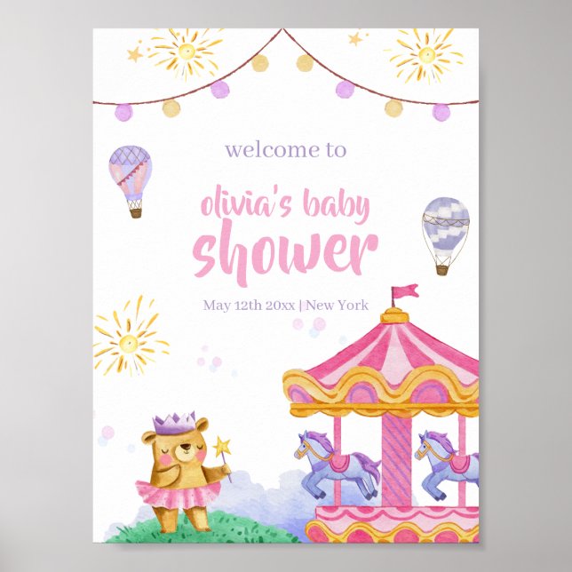 Affiche Baby shower de carrousel à air chaud amusant Bienv (Devant)